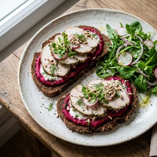 Rye Bread DASH Sandwiches with Roasted Beetroot and Curd Cheese Spread, Baked Turkey Breast, and Arugula-Mâche Salad