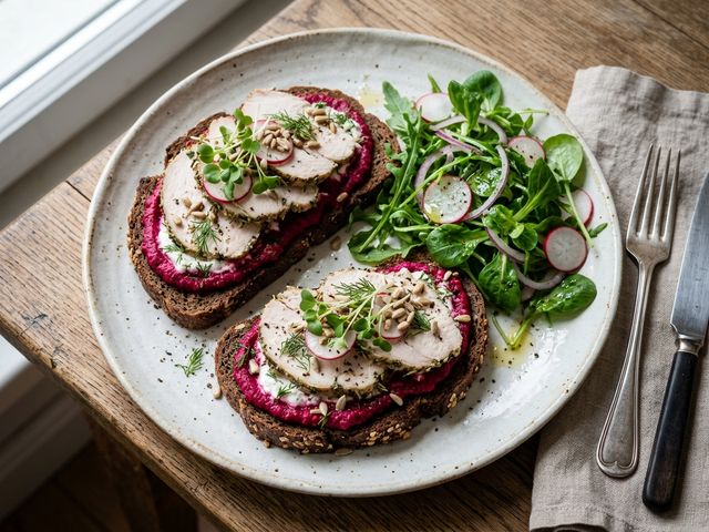 Rye Bread DASH Sandwiches with Roasted Beetroot and Curd Cheese Spread, Baked Turkey Breast, and Arugula-Mâche Salad