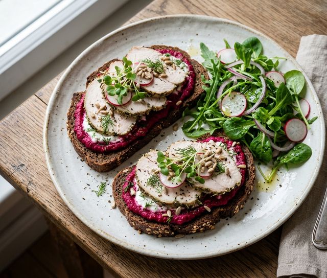 Rye Bread DASH Sandwiches with Roasted Beetroot and Curd Cheese Spread, Baked Turkey Breast, and Arugula-Mâche Salad