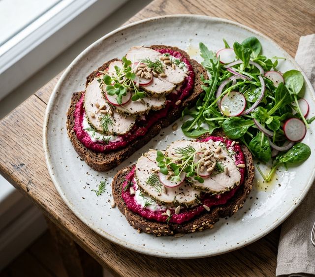 Rye Bread DASH Sandwiches with Roasted Beetroot and Curd Cheese Spread, Baked Turkey Breast, and Arugula-Mâche Salad