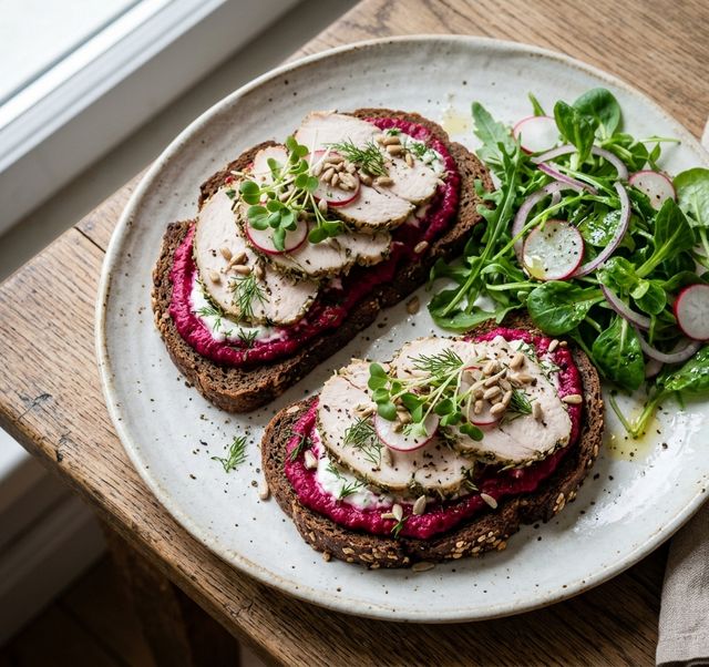 Rye Bread DASH Sandwiches with Roasted Beetroot and Curd Cheese Spread, Baked Turkey Breast, and Arugula-Mâche Salad
