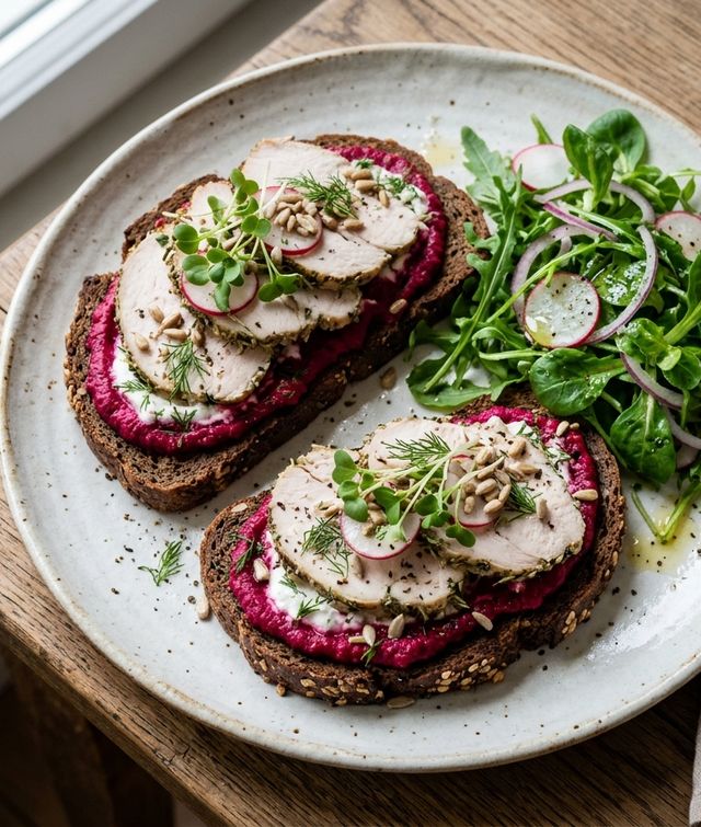 Rye Bread DASH Sandwiches with Roasted Beetroot and Curd Cheese Spread, Baked Turkey Breast, and Arugula-Mâche Salad