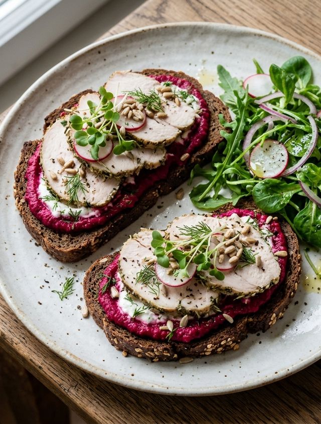 Rye Bread DASH Sandwiches with Roasted Beetroot and Curd Cheese Spread, Baked Turkey Breast, and Arugula-Mâche Salad