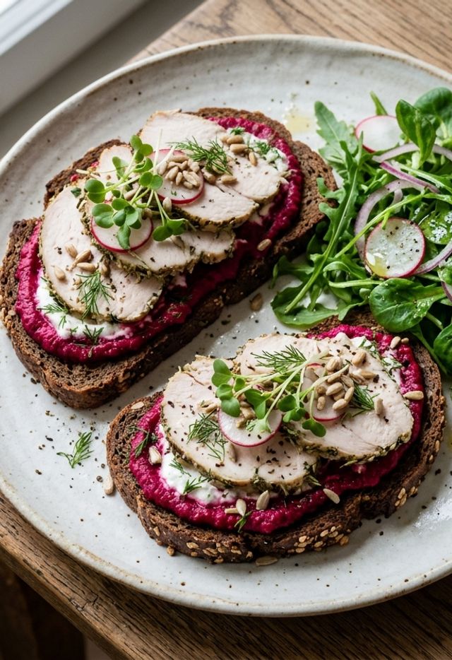 Rye Bread DASH Sandwiches with Roasted Beetroot and Curd Cheese Spread, Baked Turkey Breast, and Arugula-Mâche Salad