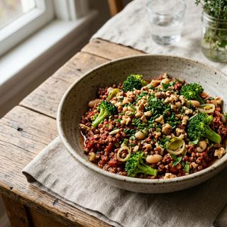Tomato-Infused DASH Buckwheat Groats with Broccoli Florets, White Beans, Leek, Walnuts, and Chives