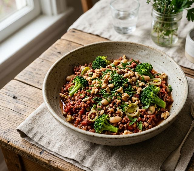 Tomato-Infused DASH Buckwheat Groats with Broccoli Florets, White Beans, Leek, Walnuts, and Chives