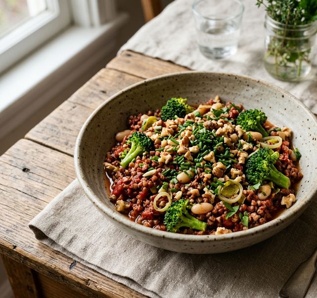 Tomato-Infused DASH Buckwheat Groats with Broccoli Florets, White Beans, Leek, Walnuts, and Chives