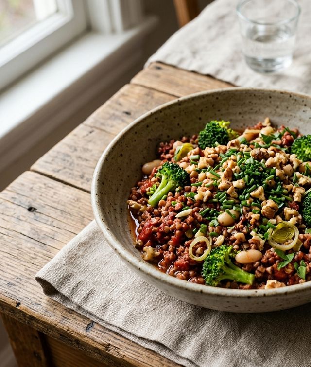 Tomato-Infused DASH Buckwheat Groats with Broccoli Florets, White Beans, Leek, Walnuts, and Chives