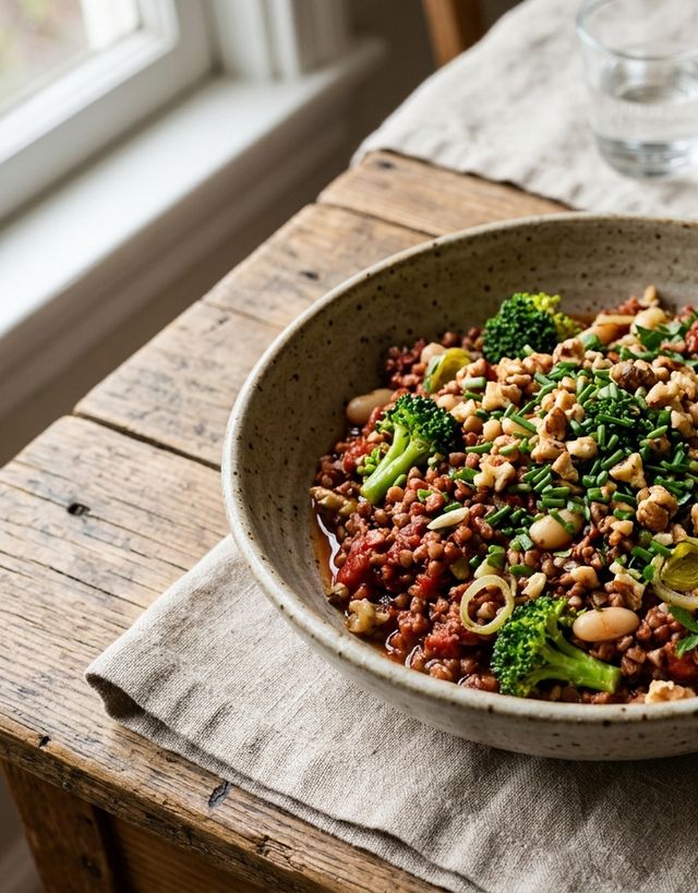 Tomato-Infused DASH Buckwheat Groats with Broccoli Florets, White Beans, Leek, Walnuts, and Chives