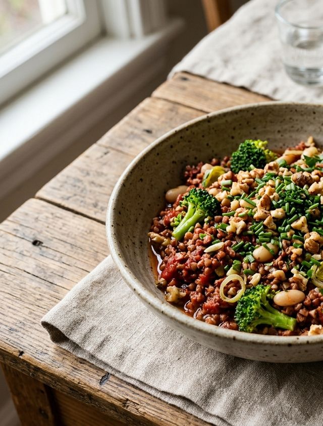 Tomato-Infused DASH Buckwheat Groats with Broccoli Florets, White Beans, Leek, Walnuts, and Chives
