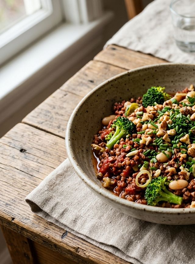 Tomato-Infused DASH Buckwheat Groats with Broccoli Florets, White Beans, Leek, Walnuts, and Chives