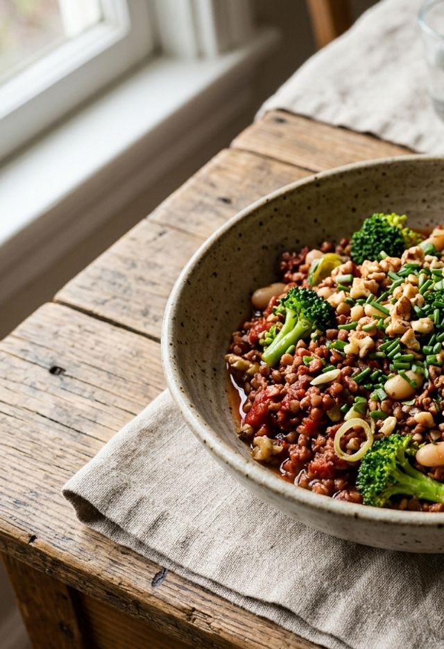 Tomato-Infused DASH Buckwheat Groats with Broccoli Florets, White Beans, Leek, Walnuts, and Chives