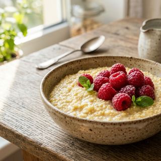 Velvety DASH Millet Porridge Cooked in 1.5% Milk with Fresh Raspberries