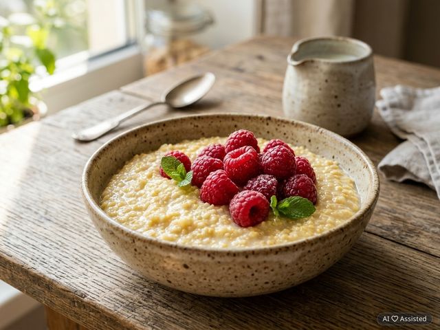 Velvety DASH Millet Porridge Cooked in 1.5% Milk with Fresh Raspberries