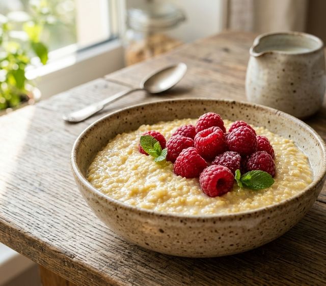 Velvety DASH Millet Porridge Cooked in 1.5% Milk with Fresh Raspberries