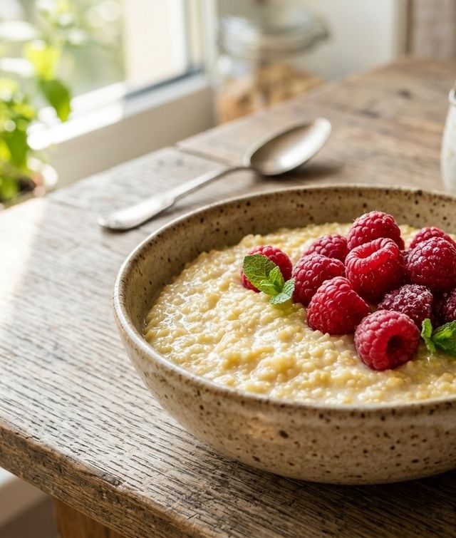 Velvety DASH Millet Porridge Cooked in 1.5% Milk with Fresh Raspberries
