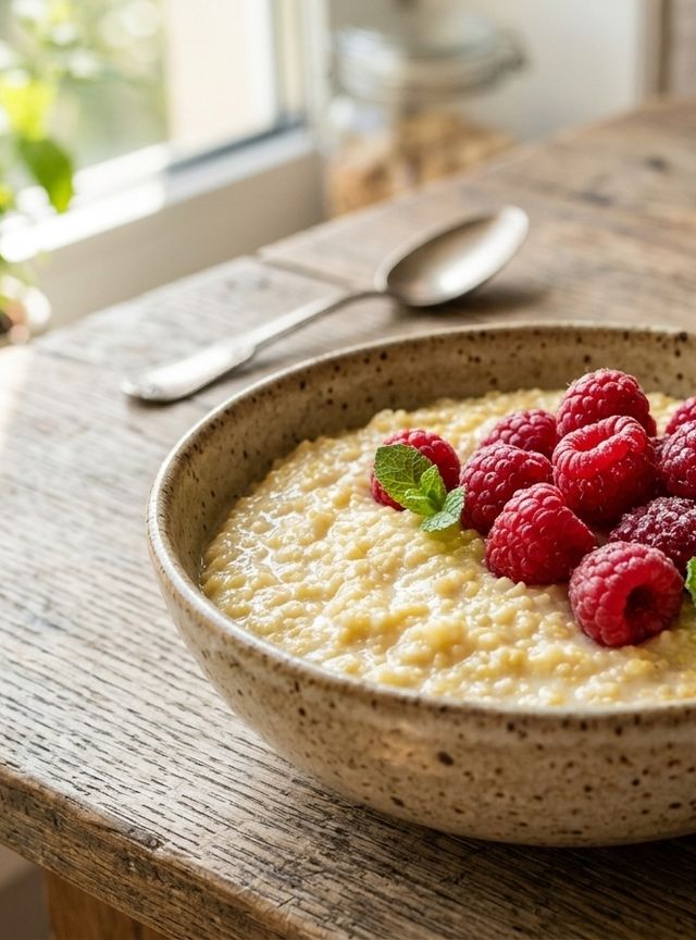 Velvety DASH Millet Porridge Cooked in 1.5% Milk with Fresh Raspberries