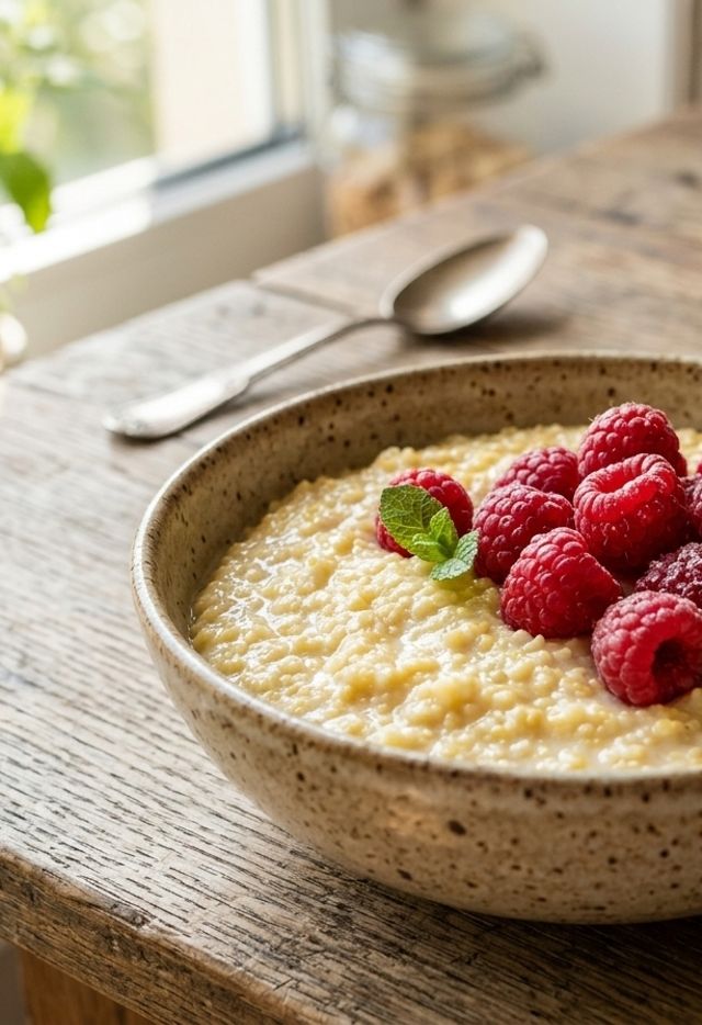 Velvety DASH Millet Porridge Cooked in 1.5% Milk with Fresh Raspberries