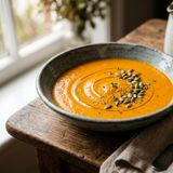 Velvety DASH Roasted Bell Pepper, Tomato, Sweet Potato and Carrot Cream Soup with Pumpkin Seeds