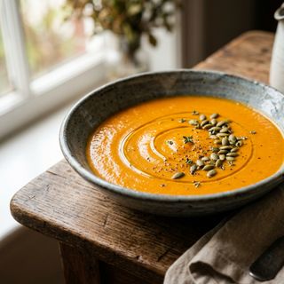 Velvety DASH Roasted Bell Pepper, Tomato, Sweet Potato and Carrot Cream Soup with Pumpkin Seeds