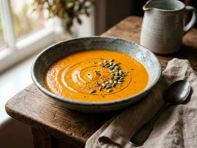 Velvety DASH Roasted Bell Pepper, Tomato, Sweet Potato and Carrot Cream Soup with Pumpkin Seeds