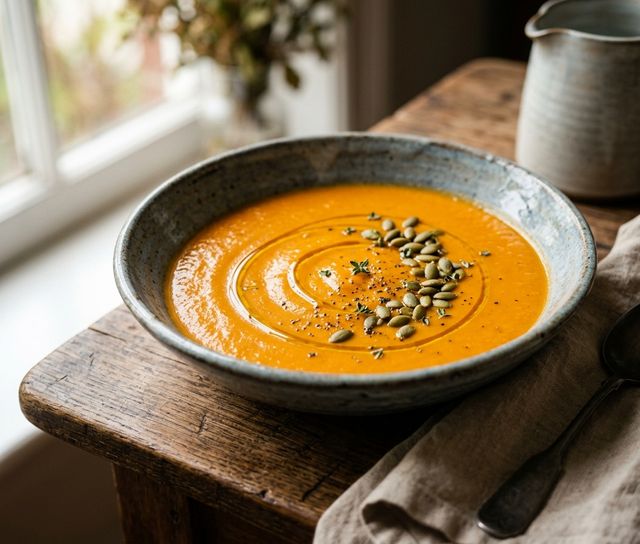 Velvety DASH Roasted Bell Pepper, Tomato, Sweet Potato and Carrot Cream Soup with Pumpkin Seeds