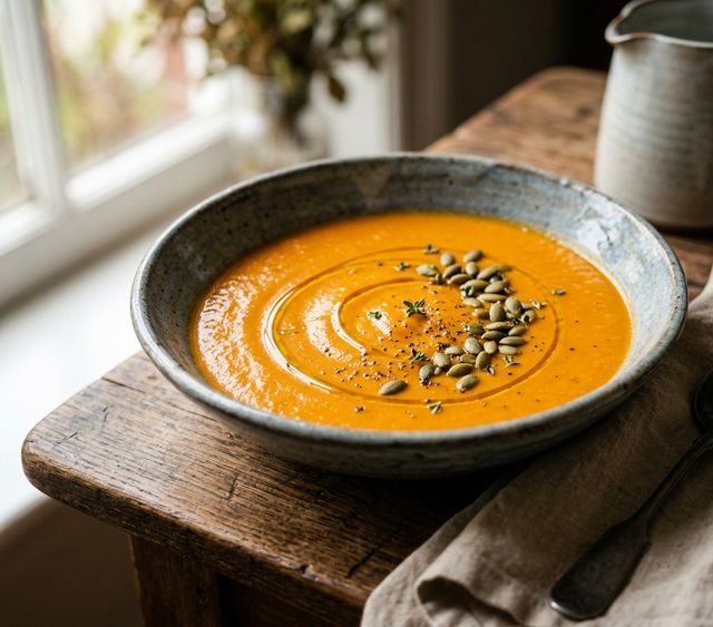 Velvety DASH Roasted Bell Pepper, Tomato, Sweet Potato and Carrot Cream Soup with Pumpkin Seeds