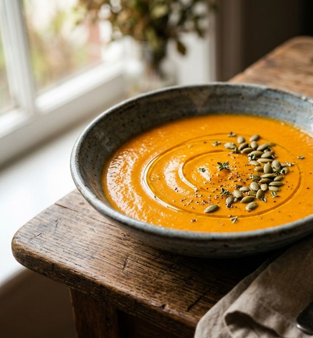 Velvety DASH Roasted Bell Pepper, Tomato, Sweet Potato and Carrot Cream Soup with Pumpkin Seeds