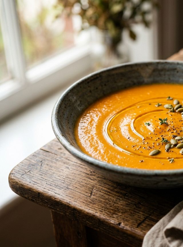 Velvety DASH Roasted Bell Pepper, Tomato, Sweet Potato and Carrot Cream Soup with Pumpkin Seeds