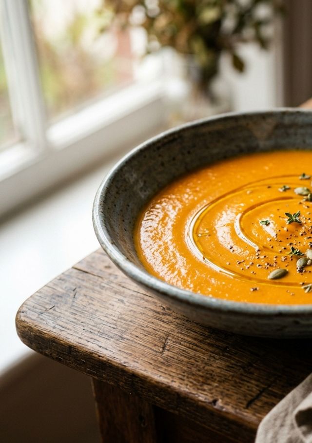 Velvety DASH Roasted Bell Pepper, Tomato, Sweet Potato and Carrot Cream Soup with Pumpkin Seeds