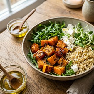 Warm DASH Roasted Herb Pumpkin Salad with Bulgur Wheat, Lean Curd Cheese, Fresh Arugula, and Sunflower Sprouts