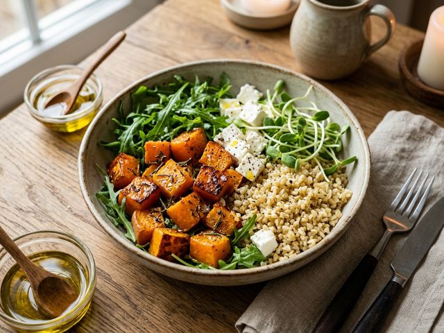 Warm DASH Roasted Herb Pumpkin Salad with Bulgur Wheat, Lean Curd Cheese, Fresh Arugula, and Sunflower Sprouts