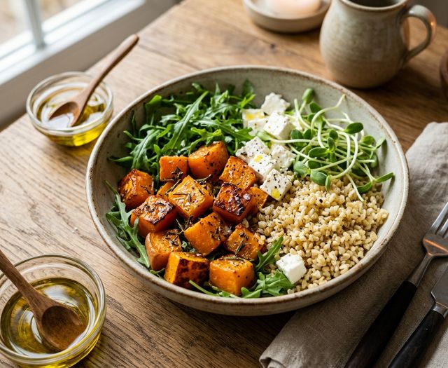 Warm DASH Roasted Herb Pumpkin Salad with Bulgur Wheat, Lean Curd Cheese, Fresh Arugula, and Sunflower Sprouts
