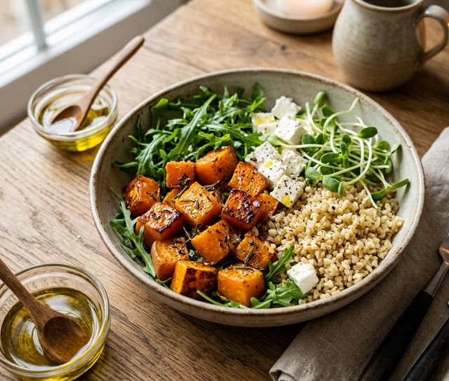 Warm DASH Roasted Herb Pumpkin Salad with Bulgur Wheat, Lean Curd Cheese, Fresh Arugula, and Sunflower Sprouts