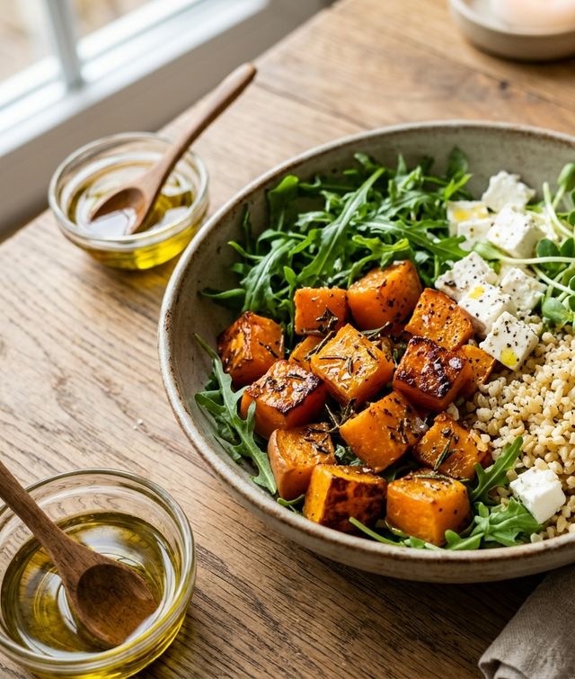 Warm DASH Roasted Herb Pumpkin Salad with Bulgur Wheat, Lean Curd Cheese, Fresh Arugula, and Sunflower Sprouts