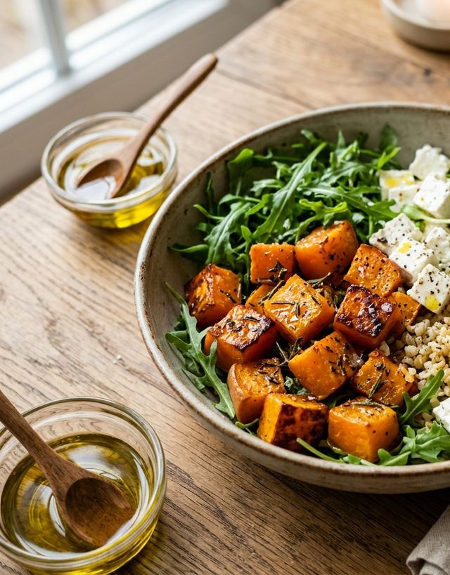 Warm DASH Roasted Herb Pumpkin Salad with Bulgur Wheat, Lean Curd Cheese, Fresh Arugula, and Sunflower Sprouts