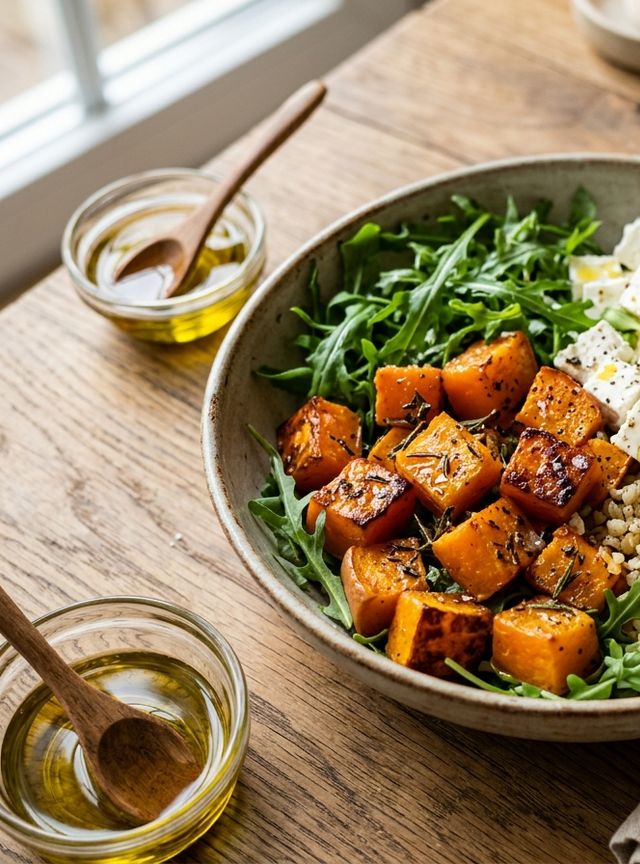Warm DASH Roasted Herb Pumpkin Salad with Bulgur Wheat, Lean Curd Cheese, Fresh Arugula, and Sunflower Sprouts