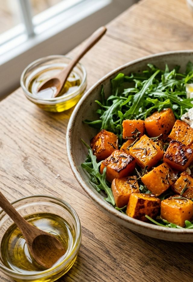 Warm DASH Roasted Herb Pumpkin Salad with Bulgur Wheat, Lean Curd Cheese, Fresh Arugula, and Sunflower Sprouts