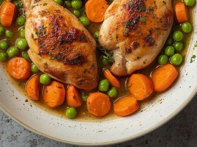 Chicken fillets with carrots and peas