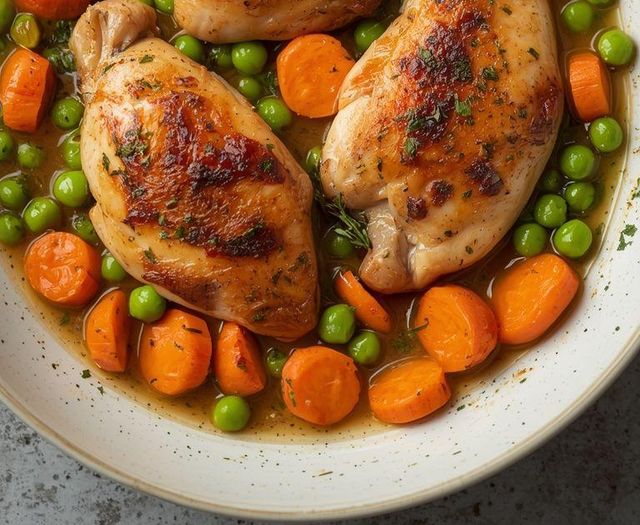 Hühnerfilets mit Karotten und Erbsen