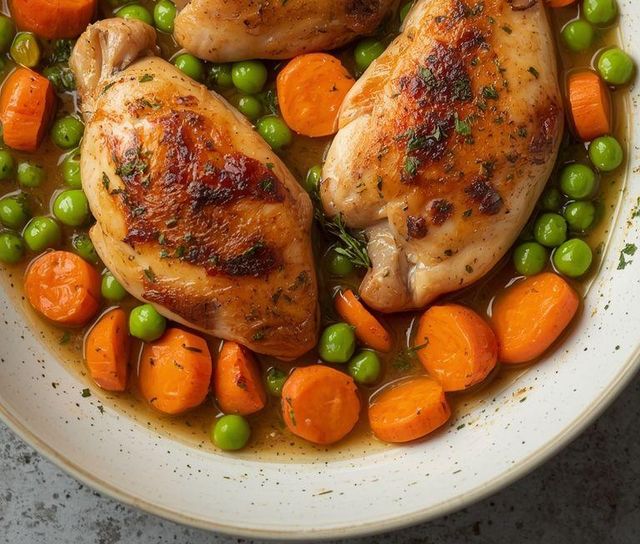 Chicken fillets with carrots and peas