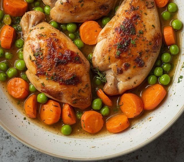 Chicken fillets with carrots and peas