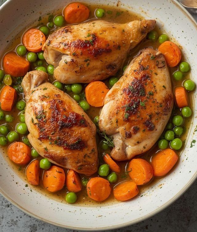 Hühnerfilets mit Karotten und Erbsen