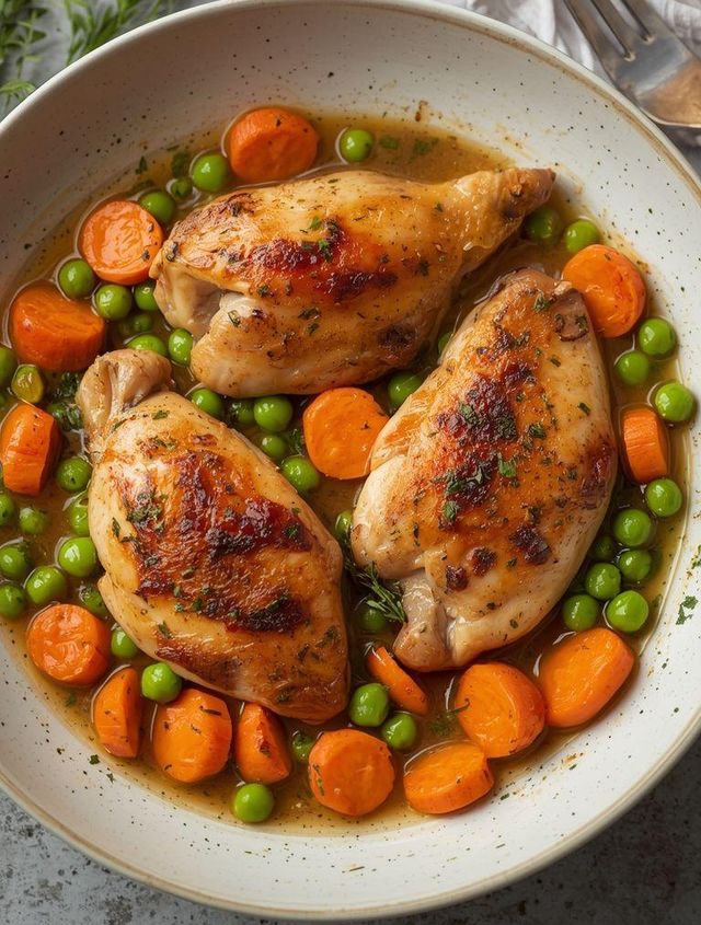 Chicken fillets with carrots and peas
