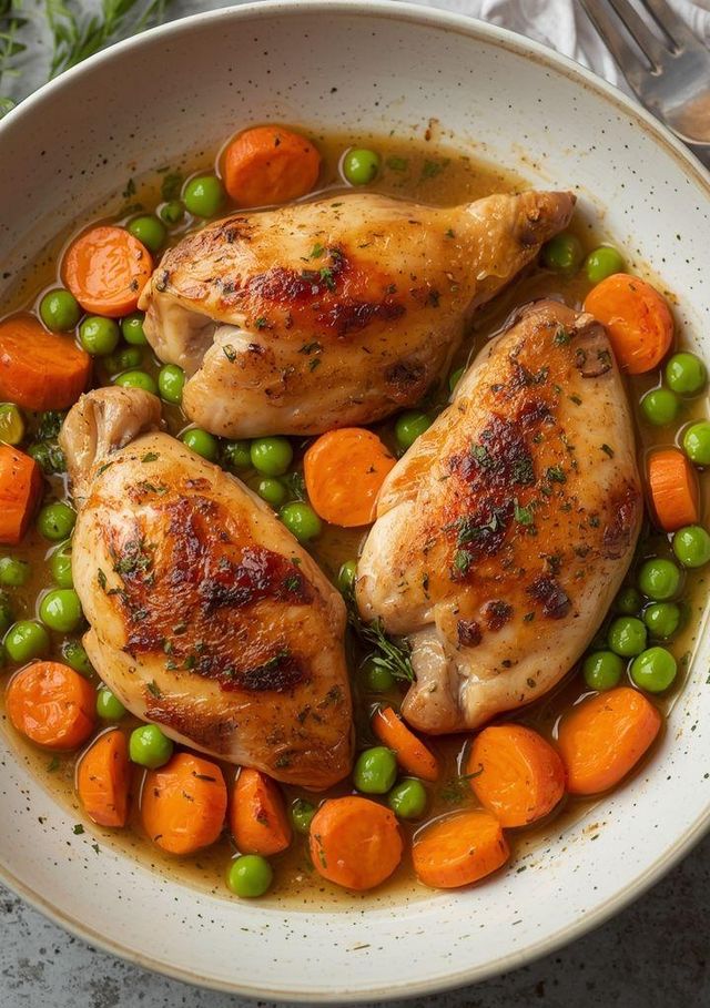 Hühnerfilets mit Karotten und Erbsen